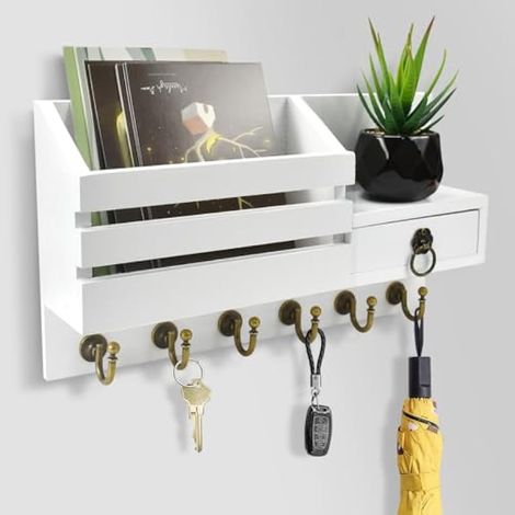 Wooden Wall Key Box, White House Key Holder, Wall Mounted Mail Holder with 6 Hooks and Shelf, Decorative Key Storage Cabinet, for Entryway, Kitchen, Hallway, Office, 30 x 16.8 cm (1/5)