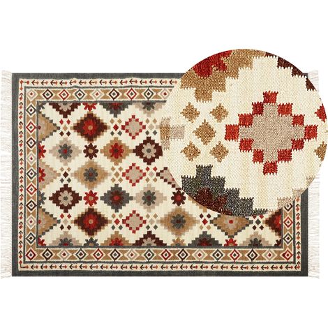 Alfombra kilim de lana beige rojo amarillo mostaza 140 x 200 cm a mano Ghukasavan