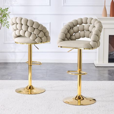Tabourets de bar en velours gris, lot de 2 – dossier à chaînette, structure réglable plaquée or, élégants pour îlot de cuisine, bar et salle à manger (1/5)