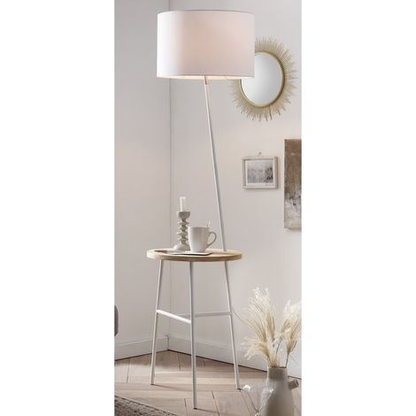 Lampadaire Trépied Scandinave avec Plateau en Bois d'Hévéa et Abat-jour Blanc E27 - PANGIVO (1/3)