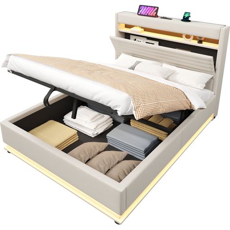 Polsterbett 140x200 cm, Doppelbett mit USB, Type-C und LED-Beleuchtung, ohne Matratze, Beige (1/5)