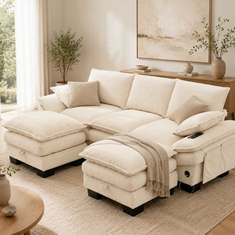 Divano modulare 3 posti 260/132/84 cm in velluto a coste beige con 2 pouf, USB-C e contenitore (1/5)