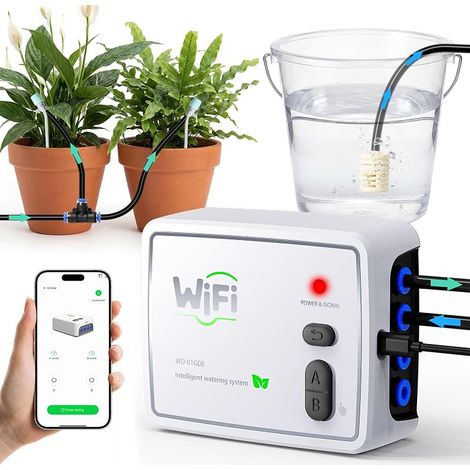Système d'arrosage automatique à double circuit, contrôlable à distance via une application Wi-Fi, pour 20 plantes, kit d'irrigation goutte-à-goutte d'intérieur pour les vacances (prise non fournie) (1/5)
