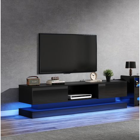 Meuble TV 160x35x40,5 cm en panneau de particules noir avec LED, pour salon gain de place – MEUBLIV (1/5)