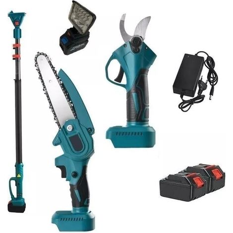 Kit Potatura 4 in 1 Mini Motosega 6" Forbice Cesoia a Batteria Asta Telescopica e Faretto LED (1/5)