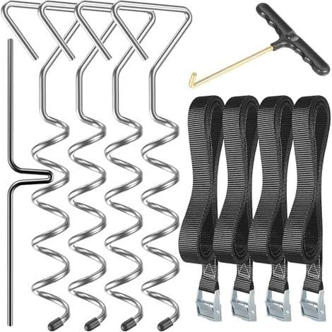 4 Pièces Kit d'Ancrage Robuste pour Trampoline - Piquets en Acier Galvanisé Anti-Rouille Forme de Tire-Bouchon Trampolines, Balançoires avec Sangles et un Outil Traction à Ressort (1/5)