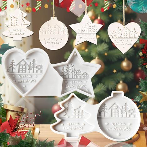 Lot de 2 Moules à Résine pour Ornements de Noël, Moule à Pendentif Résine Sapin Étoile Coeur, Flocon de neige étoiles élan Moules en résine époxy Noël pour décorations de Noël (1/5)