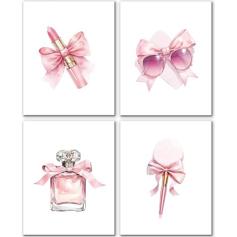 Coquette Rose Noeuds Rouge À Lèvres Pinceau Maquillage Lunettes De Soleil Parfum Art Mural Imprimés Ensemble De 4, Préppy Jeune Fille Rose Décoration Murale Af (1/5)