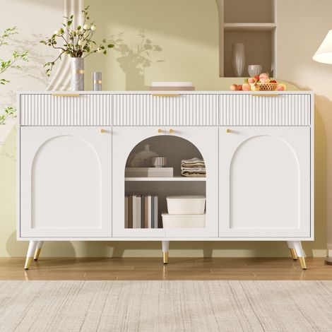 Aparador trinchador de 4 puertas y 3 cajones - 140x40x85.5 cm salón comedor - mueble moderno madera mdf acrílico - blanco (1/5)