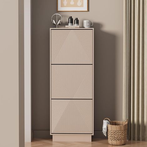 UEV Meuble à Chaussures avec 3 Abattants, Armoire à Chaussures avec Motif Lignes, Étagère à Chaussures avec Fonction Anti-Basculement, pour Couloir, Entrée, Salon, 50 x 24 x 131cm, Cachemire