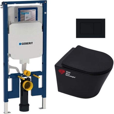Pack WC Bastidor Geberit UP720 slim + WC SAT Infinitio negro mate  sin brida  + Asiento Softclose + Placa negro mate