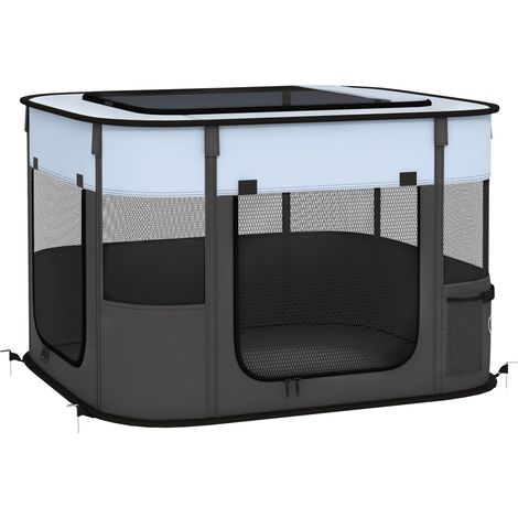 Welpenauslauf, Welpenlaufstall mit Türen, Fenster, faltbar Laufgitter, Atmungsaktiv Netz, für kleine Hunde unter 4 kg und Kleintiere, Indoor und Outdoor, 74 x 60 x 45 cm, Grau