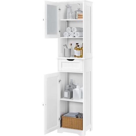 Yaheetech Armadietto da Terra con Ripiani Regolabili Armadio da Bagno Mobile Autoportante in Vetro Mobiletto per Cucina Soggiorno Bianco