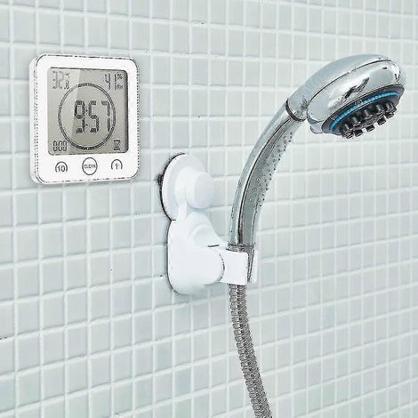 Horloge de salle de bain, réveil numérique LCD, horloge de douche tactile étanche, affichage de la température et de l'humidité, minuteur, 3 options d'installation, fonctionne sur piles (blanc). (1/4)