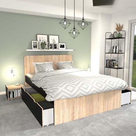 Doppelbett ZENIA 140x190 + 2 Konsolen + 2 Schubladen / Eiche gebleicht & schwarz/ 195x144x100 (1/5)