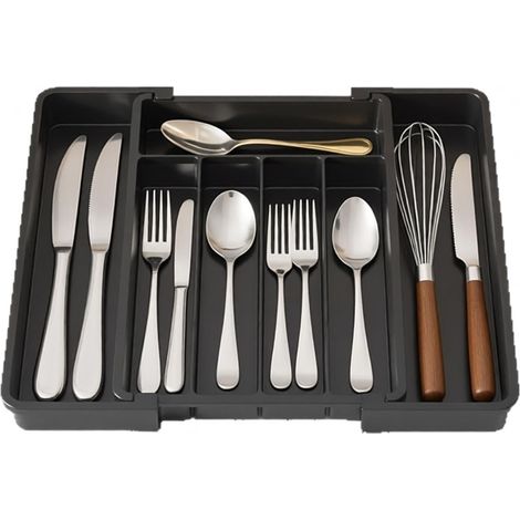 Range-couverts extensible pour tiroirs, range-couverts avec 5 à 7 compartiments réglables, grand organiseur réglable en plastique pour cuillères et fourchettes, noir (1/5)