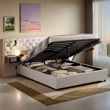 Lit Coffre 160x200cm, Lit 2 Places avec Rangement Hydraulique, Tête de Lit Capitonnée avec LED, USB/Type-C et 2 Tables de Chevet, Velours, Beige (1/5)