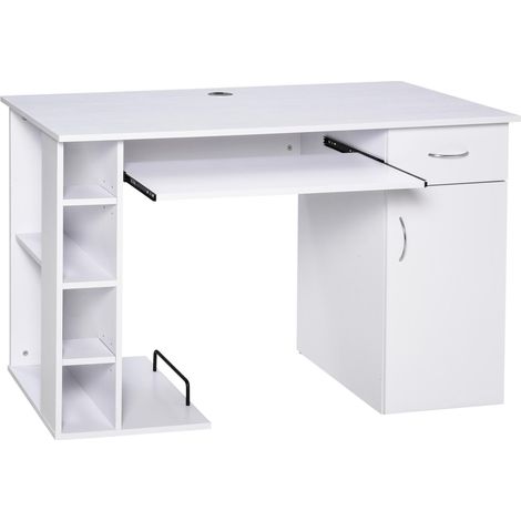 Bureau d'ordinateur ergonomique avec étagères, armoires, tiroirs et plateau coulissant pour clavier  blanc  120x60x74 cm. (1/4)