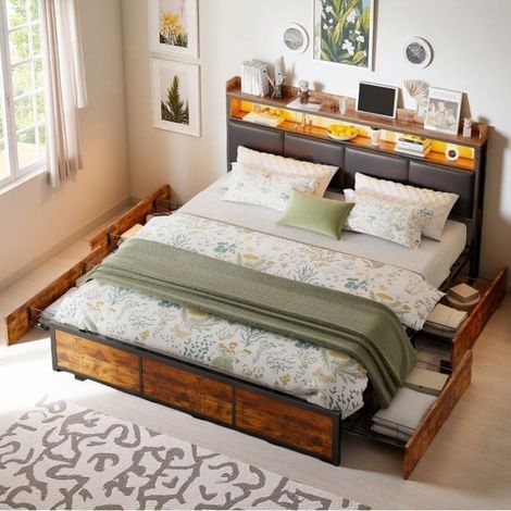 Bett 180x200 cm - TANANT - Vintage - 4 Schubladen - Integrierte LED - Schwarz und braun Metall