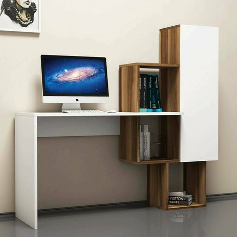 Dmora - Escritorio Dmambrin, Escritorio multiusos, Mesa de oficina para PC, El plan de trabajo, 145x45h75 cm, Nogal y Blanco (1/5)