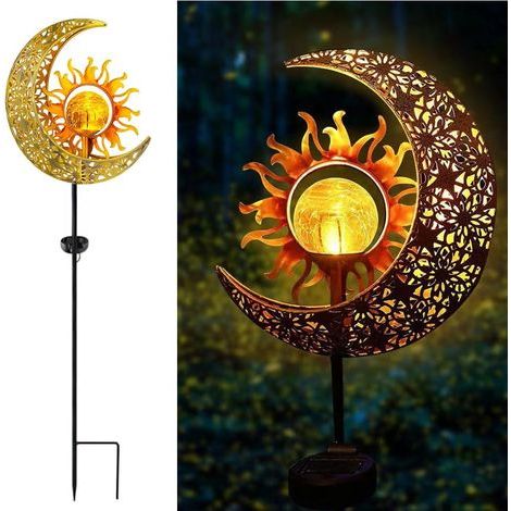 Solaire alimenté soleil et lunes lumière, jardin décoratif fer forgé belle soleil et lunes lampe au sol, sans fil crépuscule à l'aube lampe LED imperméable. (1/4)