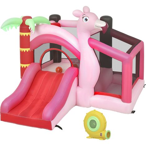 Castello Gonfiabile per Bambini 255x230x196 cm con Scivolo Trampolino Vasca di Palline e Canestro Basket Rosa (1/5)