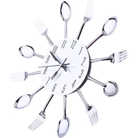 Horloge Murale - Cadran Couteau Fourchette - Acier Inoxydable Argent - Diamètre 31,5 cm - Silencieuse Quartz - 1 Unité (1/4)