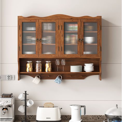 100CM Retro 4 Door Wall-Mounted Cabinet, Featuring Two Layers of Storage Space and An Open Hook Rack  Space,Suitable for Bathrooms, Kitchens, Dining Rooms, Brown (1/5)