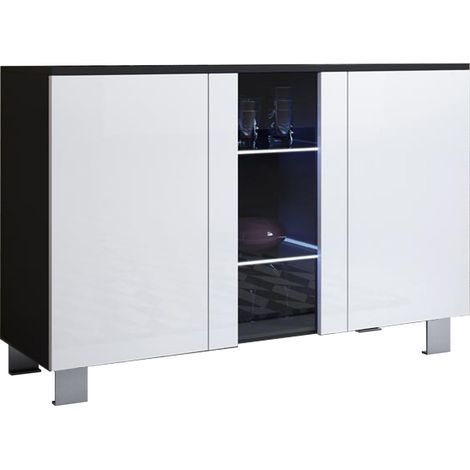 Aparador de salon con LED con patas de aluminio 12cm 2 puertas 1 vitrina Mueble de salon 120x82x40cm Modelo Luke A1 Negro con Blanco brillo (1/5)