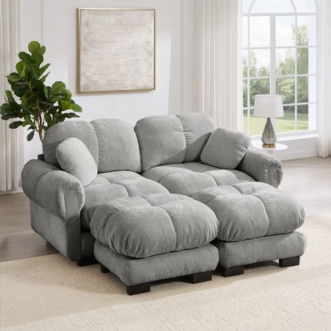 Canapé panoramique 2 places modulable en tissu chenille forme U avec ottomanes mobiles assise épaisse dossier ergonomique gris clair (1/5)