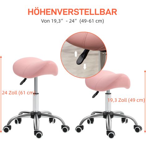 Tabouret de bureau pivotant 360° réglable en hauteur (49-61 cm) avec roulettes, rose. Parfait pour salon de coiffure, massage, spa et espace de travail. (1/4)