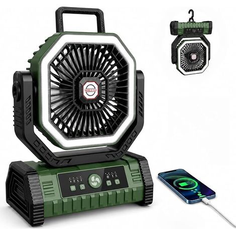 Vxoyo 20000 mAh Campingventilator mit LED-Licht, 4 Geschwindigkeitsstufen, Fernbedienung und Haken, 8-Stunden-Timer, automatischem Oszillationsmodus, Tischventilator mit Licht für den Außenbereich (1/5)