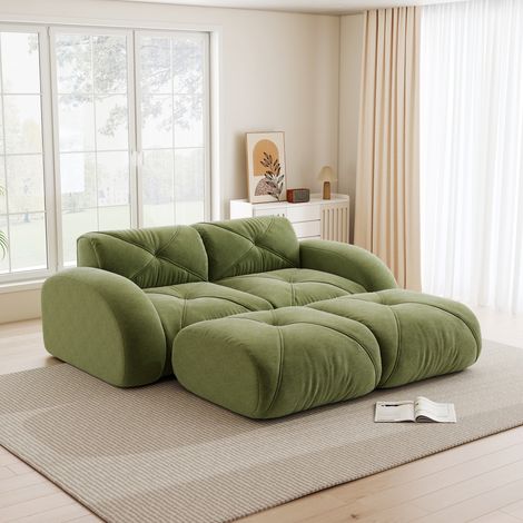 Canapé modulable 2 places avec 2 poufs, antidérapant, livré monté, sans structure, vert — idéal salon & appartement (1/4)