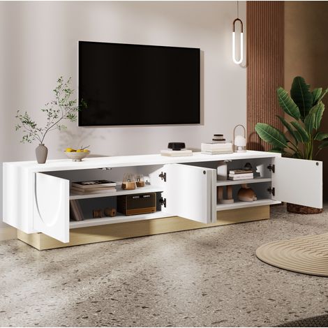 Mobile TV in MDF bianco con base effetto legno, 175 x 40 x 41,5 cm, 4 ante, design curvo e gestione cavi (1/5)