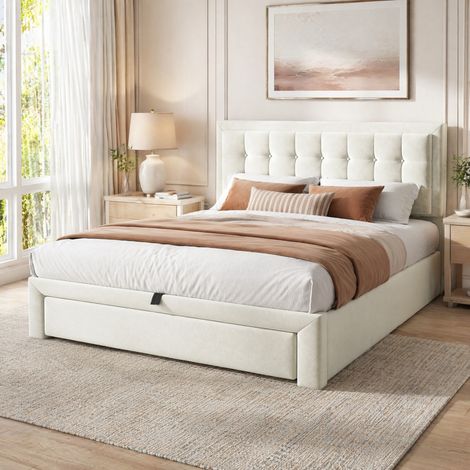 Letto contenitore 140x190 con testiera regolabile, 2 cassetti, velluto beige HAVRYA (1/5)