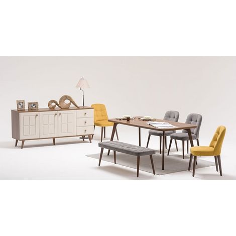 Comedor completo LADEZMA con 2 sillas y 1 banco nogal y crema