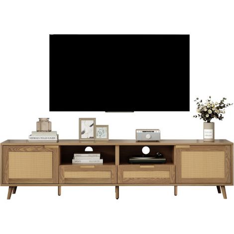 Meuble TV bas avec design en rotin véritable et pieds en bois massif, pour TV jusqu'à 85", 200 x 37 x 49 cm (chêne) (1/5)