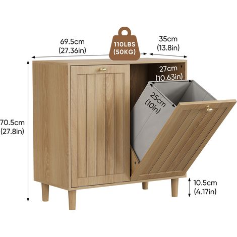Panier à linge inclinable avec bac intérieur amovible dissimulé. Meuble de rangement autoportant pour salle de bain, finition chêne