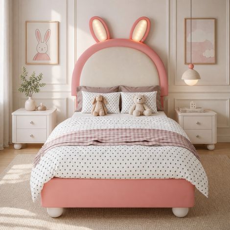 Letto bambino 90x200 cm in PU rosa e bianco, LED, facile da montare FloraGrace (1/5)