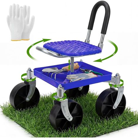Siège de jardin robuste pivotant à 360°, capacité de 150 kg, hauteur réglable de 50,8 à 61 cm, avec gants de travail pour désherbage, plantation, détails de voiture (1/5)