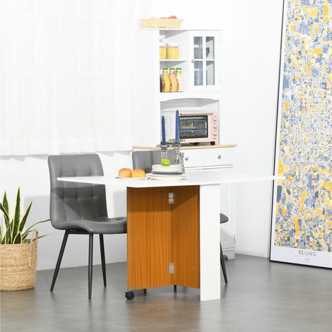 HOMCOM Klappbarer Esstisch mit Rollen, multifunktionaler Beistelltisch mit 2 Ausklappplatten, 120 x 80 x 73 cm, Weiß und Teak