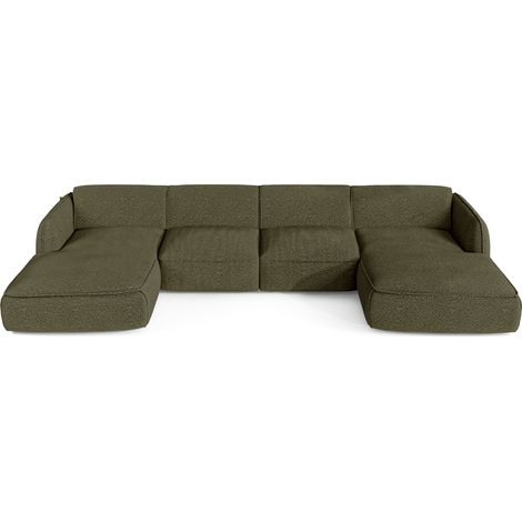 Canapé panoramique 7 places en tissu bouclette vert olive LIVIA (1/5)