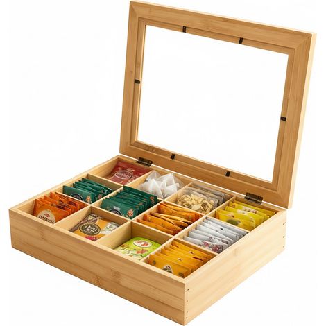 Relaxdays Teebox, 12 Fächer, Bambus, Teebeutel Aufbewahrung, Teekiste mit Sichtfenster, HxBxT: 8 x 28 x 23 cm, natur (1/5)