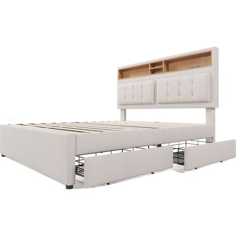 Letto matrimoniale capitonné 140x200 cm con 4 cassetti, testiera regolabile, USB-C, beige (1/5)