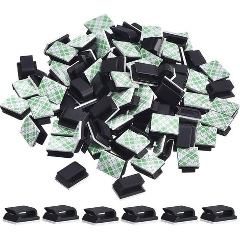 100 selbstklebende Kabelclips, Kabelbinder, Kabelmanagement, Kabelhalter (13 x 10 mm, schwarz) (1/5)