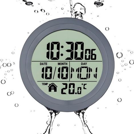 Reloj digital para la ducha con pantalla LCD，silencioso e impermeable，con soporte de pared mediante ventosas (con 4 ventosas)，que muestra la hora (1/2)