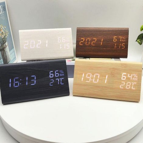 Horloge numérique LED créative en bois avec calendrier perpétuel et affichage de la température, rechargeable, à commande vocale, réveil silencieux, idéale pour les chambres, les étudiants et les frèr (1/5)