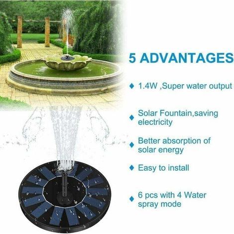Fontaine solaire , pompe de bassin solaire 1,4 W avec 4 effets, hauteur maximale de 70 cm, pompe solaire, pompe de fontaine flottante solaire pour bassin de jardin ou bain d'oiseaux de fontaine d'aqua (1/2)