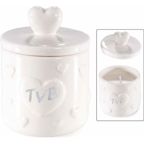 Candele profumate in barattolino di porcellana con coperchio con manico a forma di cuore e con decorazioni, set da 6 pezzi, Ø 6,5 cm x 8,5 H