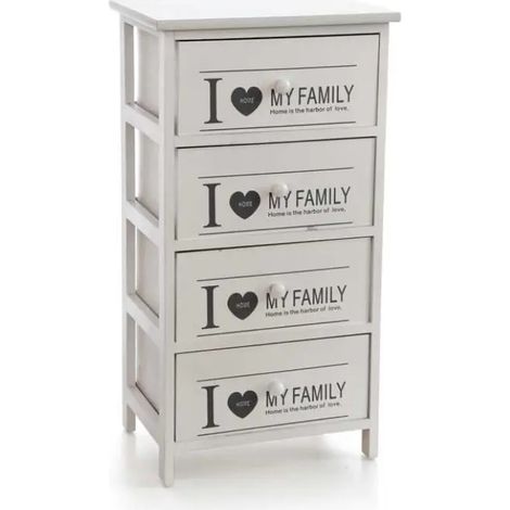 Cómoda de madera shabby chic 40 x 29 x 73 cm con 4 cassetti y frase decorativa "I LOVE MY FAMILY"